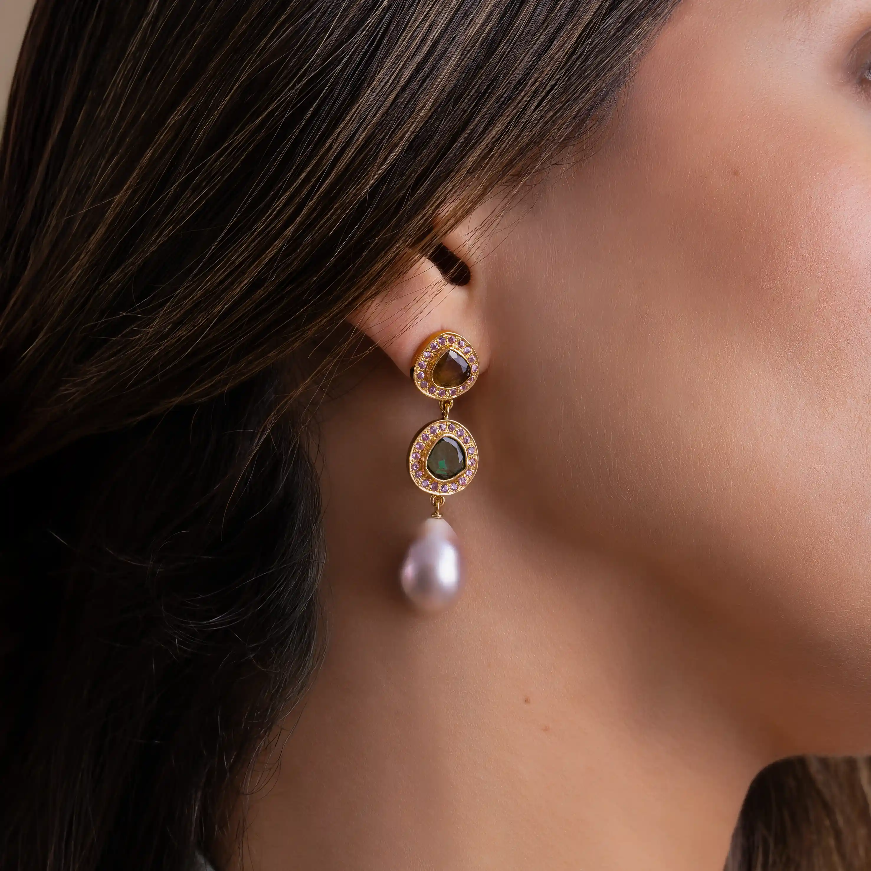 Collector's Edit Pink Pearl and Multiple Tourmaline Earring in 18K Gold